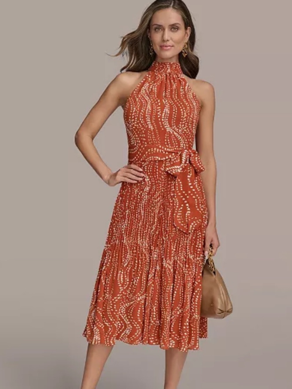 Donna Karan New York Halter Chiffon Pleated Midi Dress Rust Orange Size 12 NWT